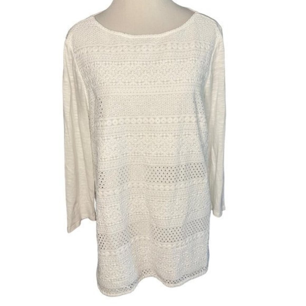 J.Jill White Lace Front Knit 3/4 Sleeve Floral Top Size Small
